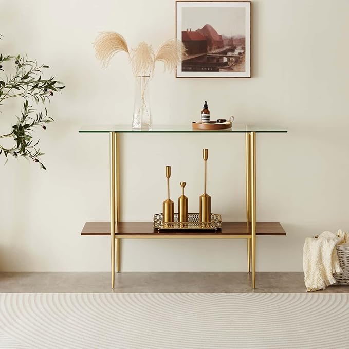 Glass Console Table for Living Room, Foyer & Entrance, 2-Tiers Mid-Century Modern Sofa Table with Clear Glass Top, Walnut Finish Wood Top and Gold Finish Metal Frame-HomvellaHome