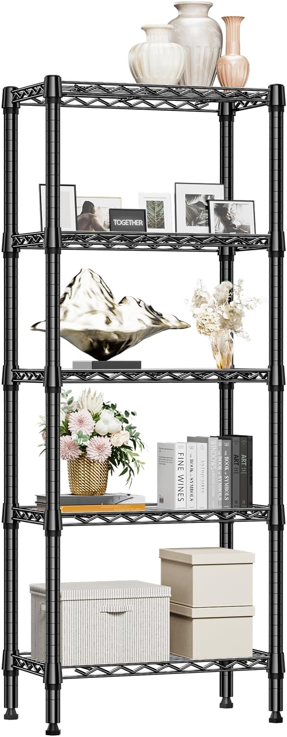 1250 lbs 5 Tier Shelf Metal Storage Shelves Wire Rack Closet Organizers for Garage Kitchen Bathroom Laundry Black 11.8" D x 23.6" W x 59.5" H-HomvellaHome
