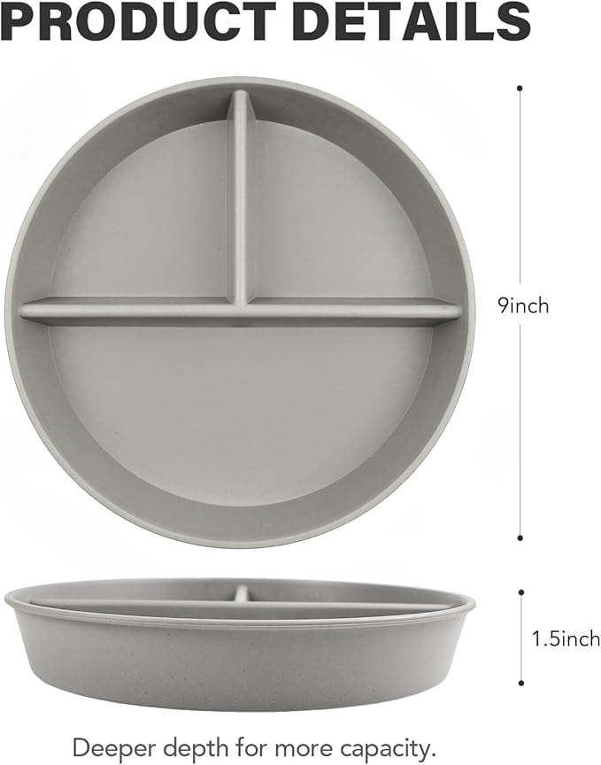 greenandlife 9 Inch 4PCS Divided Plates with Lids, Portion Control Plates for Kids Adults, Dishwasher Microwave Safe Compartment Plate, Unbreakable Lightweight Reusable Wheat Straw Plate, Grey Black-HomvellaHome