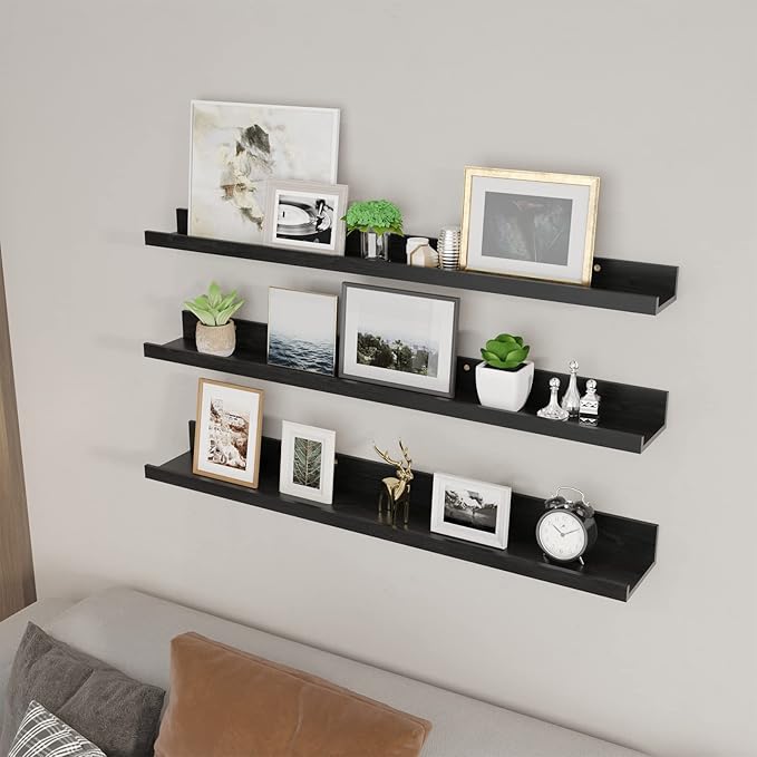 Giftgarden 36 Inch Black Floating Shelves for Wall Woodgrain Picture Ledge Large Photo Shelf for Bedroom Living Room Kitchen Bathroom Storage Shelving, Set of 3 Different Sizes-HomvellaHome