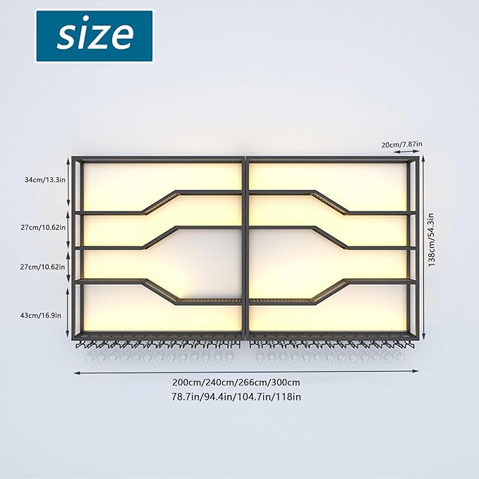 118in Wall Mounted Wine Rack with LED Light, 5-Tiers Liquor Bottles Display Shelf with Glasses Holder, Metal Home Bar Shelves with Industrial Iron Frame for Kitchen (Black, 118in/9.84ft)-HomvellaHome