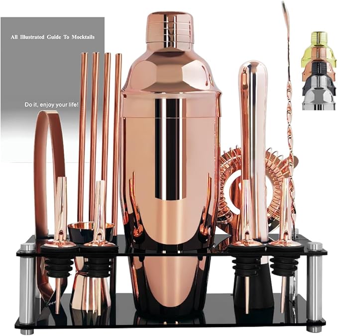 14-Piece Cocktail Shaker Set Bartender Kit with Black Stand, Bar Tool Set for Drink Mixing Bartending Kit Bar Sets Accessories: 750ml(25oz) Shaker, Jigger, Muddler, Cocktail Recipes (Rose Gold)-HomvellaHome