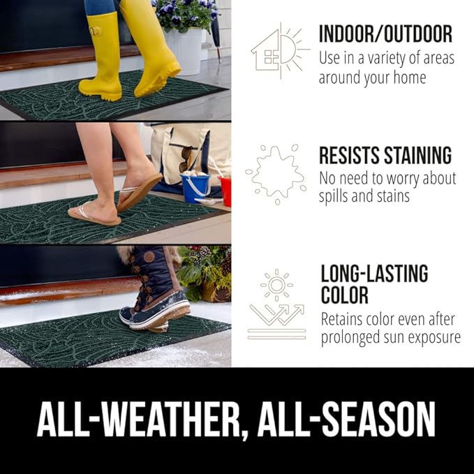 GORILLA GRIP 100% Waterproof All-Season WeatherMax Doormat US Designed Natural Rubber, Stain and Fade Resistant, Low Profile Indoor Outdoor Door Mats, Easy Clean Patio Mat, 17x29, Green Palm-HomvellaHome