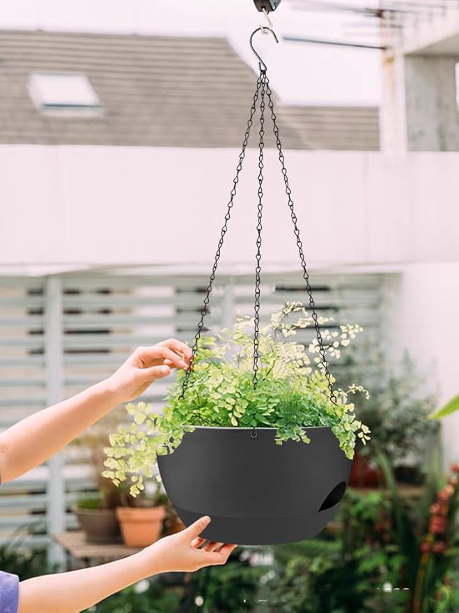 2 Pack Hanging Planters for Indoor Outdoor Plants, 12 Inch Self Watering Hanging Pot with Drainage Holes and Saucer, Plastic Plant Pots, Black Flower Pots for Kitchen, Balcony, Garden-HomvellaHome