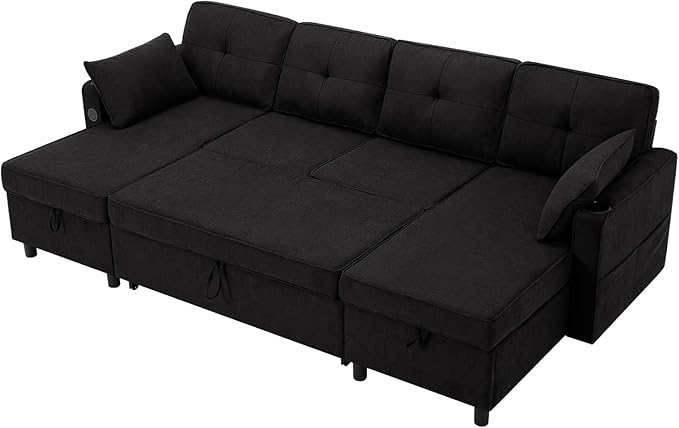 110 Inches Chenille Sectional Sofa w/Pull Out Sofa Bed & Adjustable Back, Tufted U Shaped Couch w/Two Storage Chaises, Sleeper Sectional Sofa w/USB Port & Cup Holders for Living Room, Black-HomvellaHome