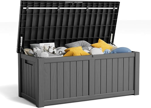 120 Gallon Resin Deck Box, Lockable Patio Outdoor Storage Box for Furniture, Garden Tools and Tools Storage, Waterproof Outside Storage Boxes - Black-HomvellaHome