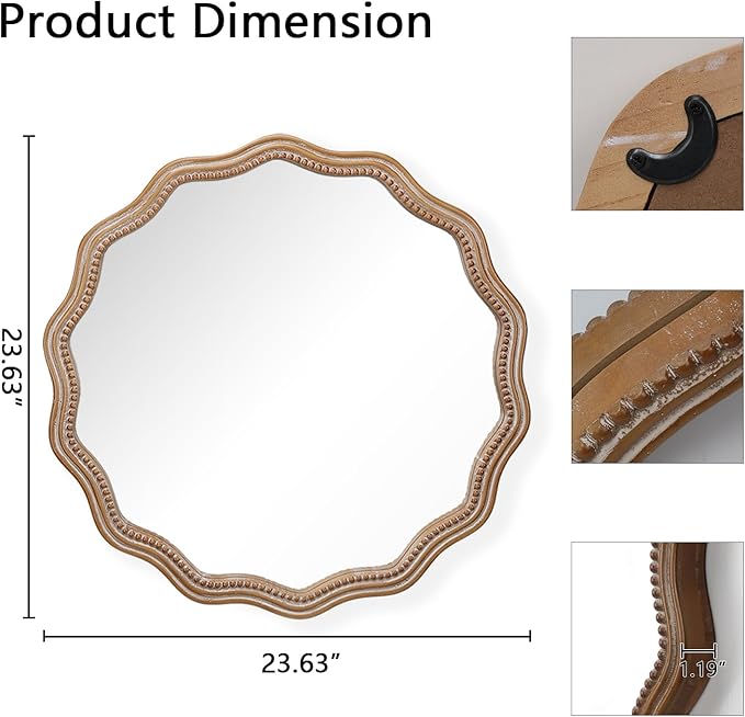 Round Mirror Vanity Mirrors for Bathroom with Wavy Wood & Beaded Frame - Wall Mirrors for Living Room,Entry Mirrors for Wall,Decorative Mirror-HomvellaHome