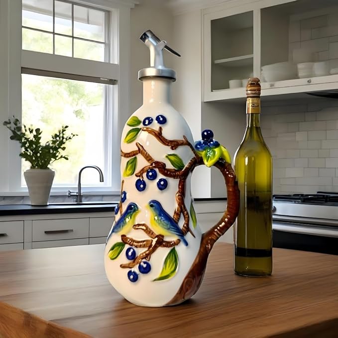18.26oz/540ml Ceramics Olive Oil Dispenser Bottle,Hand Painted Reliefs Oil Dispenser for Kitchen,Oil Bottles for Kitchen (Blueberry)-HomvellaHome