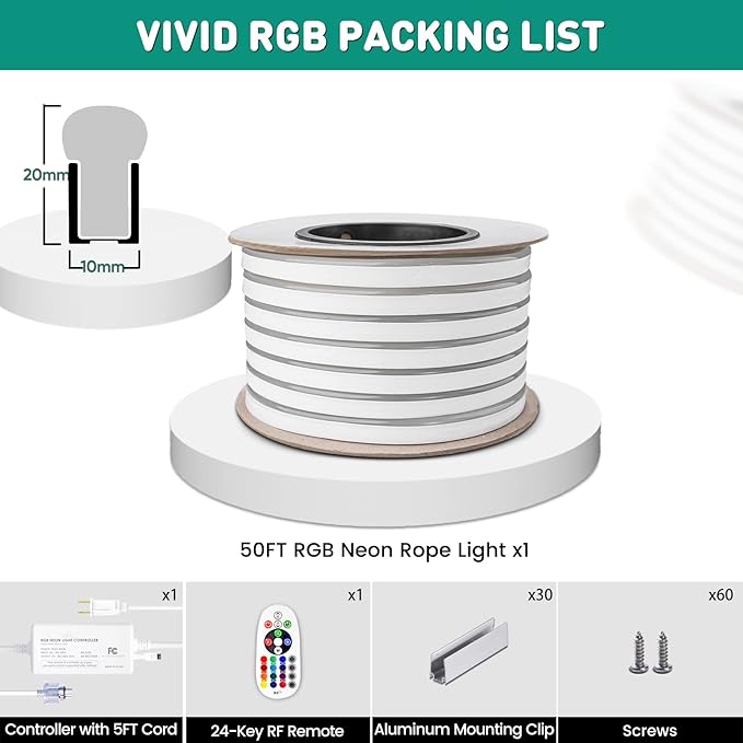 GZBtech RGB LED Neon Rope Lights 50FT/15M, AC 110-120V Waterproof Color Changing LED Rope with Remote Controller, Dimmable Multi Color Neon Rope Lighting for Indoor Outdoor Commercial Use-HomvellaHome