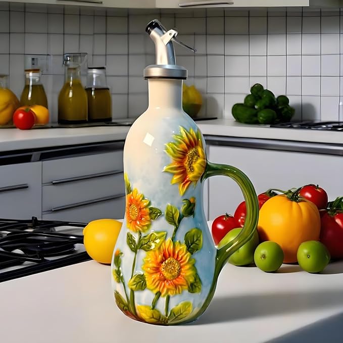 18 Oz Hand Painted Relief Ceramic Olive Oil Bottle Dispenser for Kitchen, Oil and Vinegar Bottle, Seasoning Bottle with Stainless Steel Nozzle, 540mL Oil Container with Handle for Cooking, Light Proof-HomvellaHome