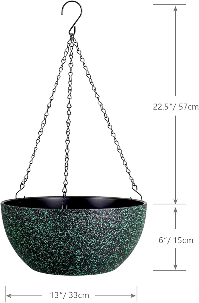 13inch Large Hanging Planters Pots for Outdoor Indoor Plants with Drainage Holes and Chain, 2pack Round Hanging Flower Pots for Garden Home Porch Decor, Black with Green Speckles-HomvellaHome