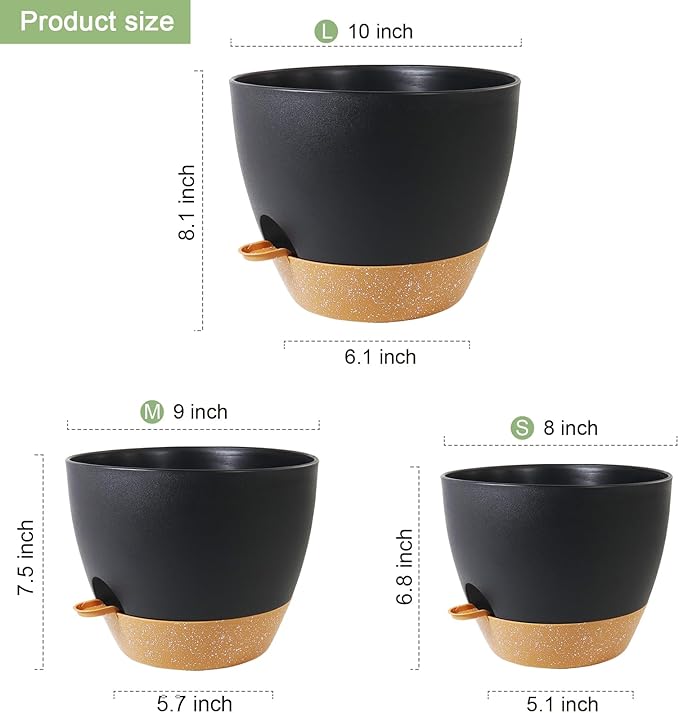 10/9/8 inch Medium Self Watering Pots, Planter, Plant Pots with Mesh Drainage Holes for Indoor Outdoor Garden Plants, Plastic Flower Pots with Removable Deep Reservoir, Black with Brown-HomvellaHome