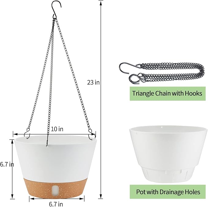 2 Pack 10 Inch Hanging Planters for Indoor Outdoor Plants, Hanging Plant Flower Pot Basket with Drainage Hole with Removable Tray&Hooks Self Watering Plant Pot for Hanging Plants, White-HomvellaHome