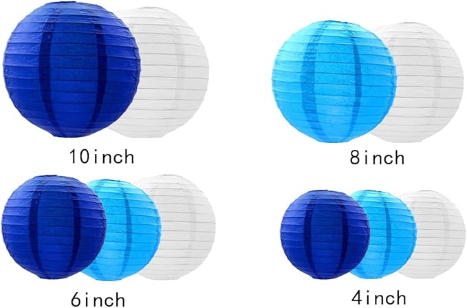 Paper Lanterns Decorations,Paper Hanging Decorations Ball Lanterns Lamps for Boy Birthday Parties, Bridal Showers, Baby Showers, Wedding（10 Pcs,4 in/6 in/8 in/10 in,Blue/White）