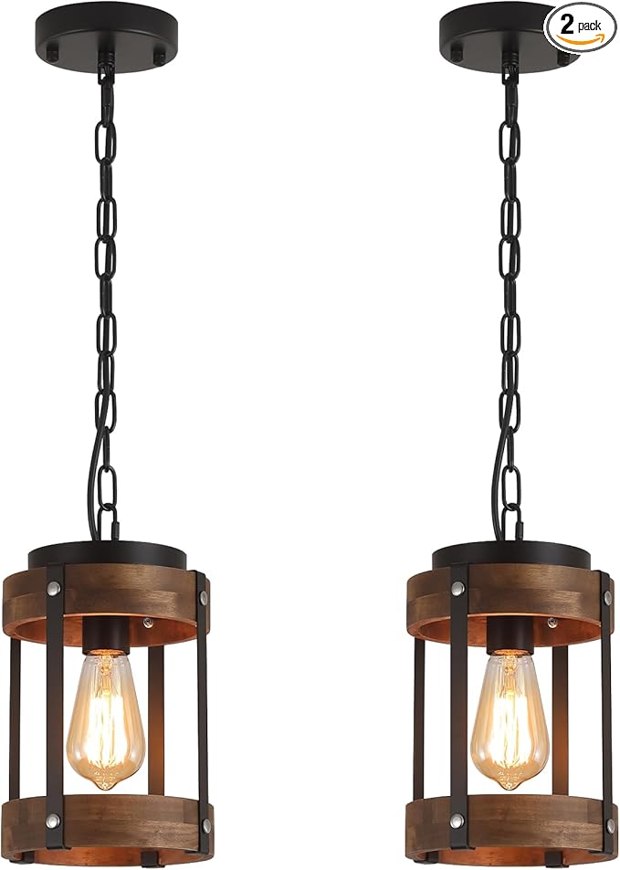 2 Pack Rustic Farmhouse Wood Pendant Light Fixture One-Light Adjustable Chain Oak Wood and Metal Drum Cage Small Pendant Lighting for Kitchen Island Sink Hallway Farmhouse Bathroom Bar, Black-HomvellaHome