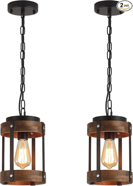 2 Pack Rustic Farmhouse Wood Pendant Light Fixture One-Light Adjustable Chain Oak Wood and Metal Drum Cage Small Pendant Lighting for Kitchen Island Sink Hallway Farmhouse Bathroom Bar, Black-HomvellaHome