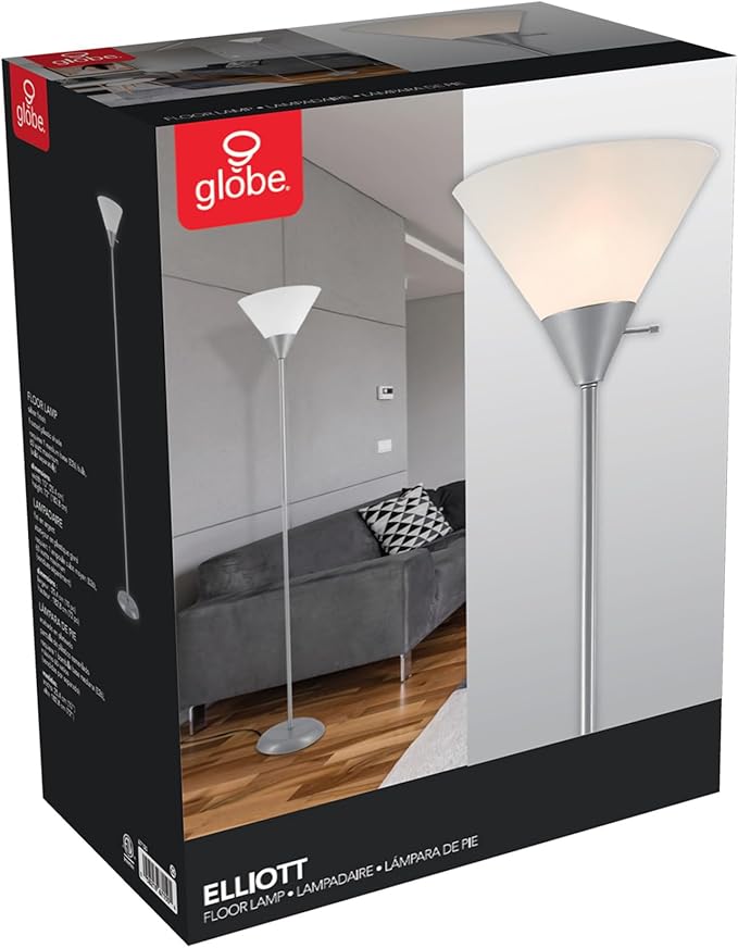 GLOBE Electric 677150 Elliott 72" Floor Lamp, Silver, White Plastic Shade, On/Off Rotary Switch on Shade, Standing, Living Room Decor, Bedroom, Tall, Corner Light-HomvellaHome
