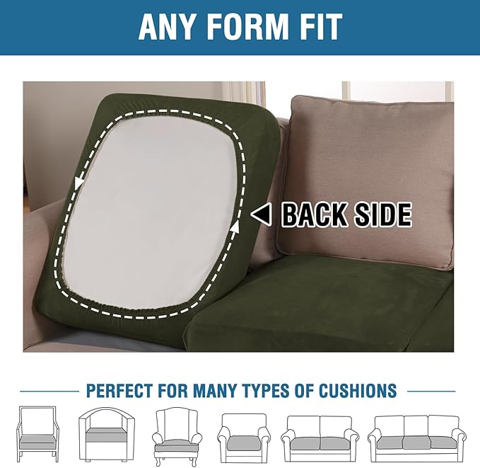 H.VERSAILTEX Velvet Stretch Couch Cushion Cover Plush Cushion Slipcover for Chair Cushion Furniture Protector Seat Cushion Sofa Cover (1 Piece Armchair Cushion Covers, Olive)-HomvellaHome