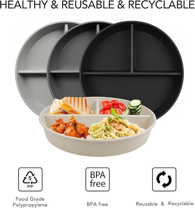 greenandlife 9 Inch 4PCS Divided Plates with Lids, Portion Control Plates for Kids Adults, Dishwasher Microwave Safe Compartment Plate, Unbreakable Lightweight Reusable Wheat Straw Plate, Grey Black-HomvellaHome