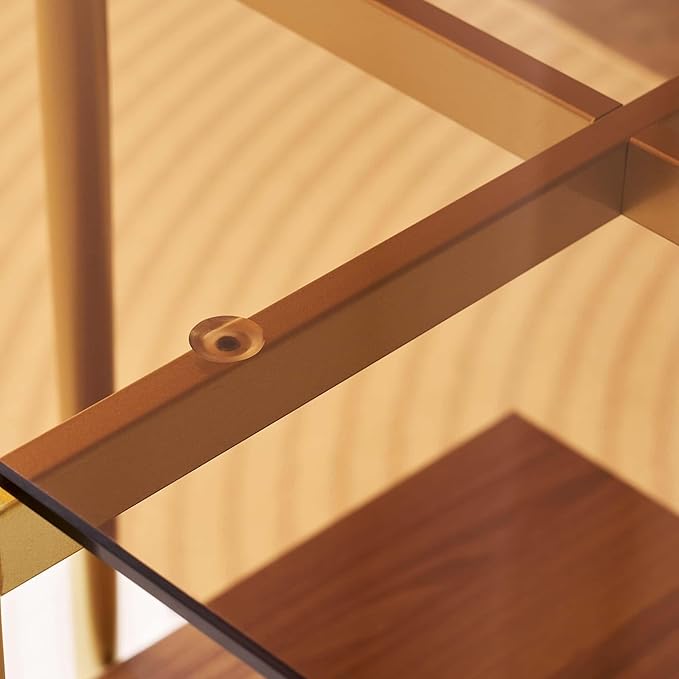 Glass End Table, Mid-Century Modern Design Sofa Table, L41 x W21 x H17, for Living Room, 2-Tier Structure, Clear Glass Top and Walnut MDF Shelf, Sleek Conical Metal Legs with Gold Finish Frame-HomvellaHome