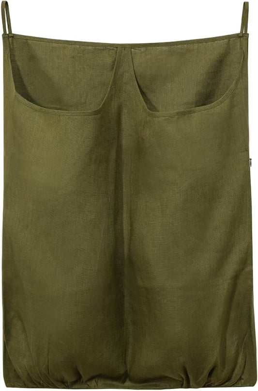 100% Pure Linen Dual Hanging Laundry Bag with 2 Deep Pocket and 2 Side Zipper 20x27in, Over The Door Laundry Hamper Space Saving Hampers for Dirty Clothes Home Travel, Green-HomvellaHome