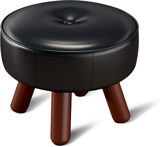 13in Small Foot Stool Ottoman, Round Faux Leather Foot Rest, Footstool Ottomans with Rubber Legs Under Desk, Footrest for Couch, Living Room, Bedroom, Office, 13''L x 13''W x 10.2''H, Black-HomvellaHome