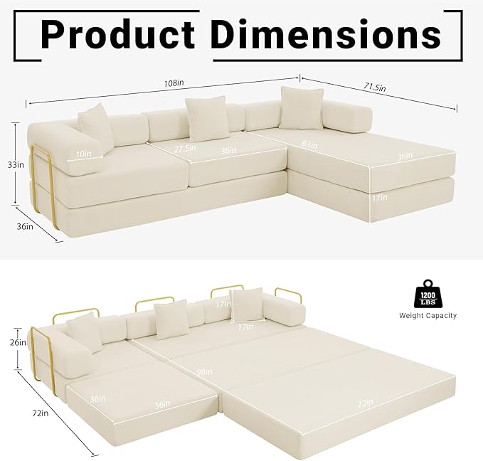 108" Oversized Convertible Sleeper Sofa Bed, Corduroy L Shape Sectional Couch, Folding Sofa Bed with Side Pocket, Modern Cloud Floor Mattress Couch, Modular Sofa for Living Room, Beige-HomvellaHome