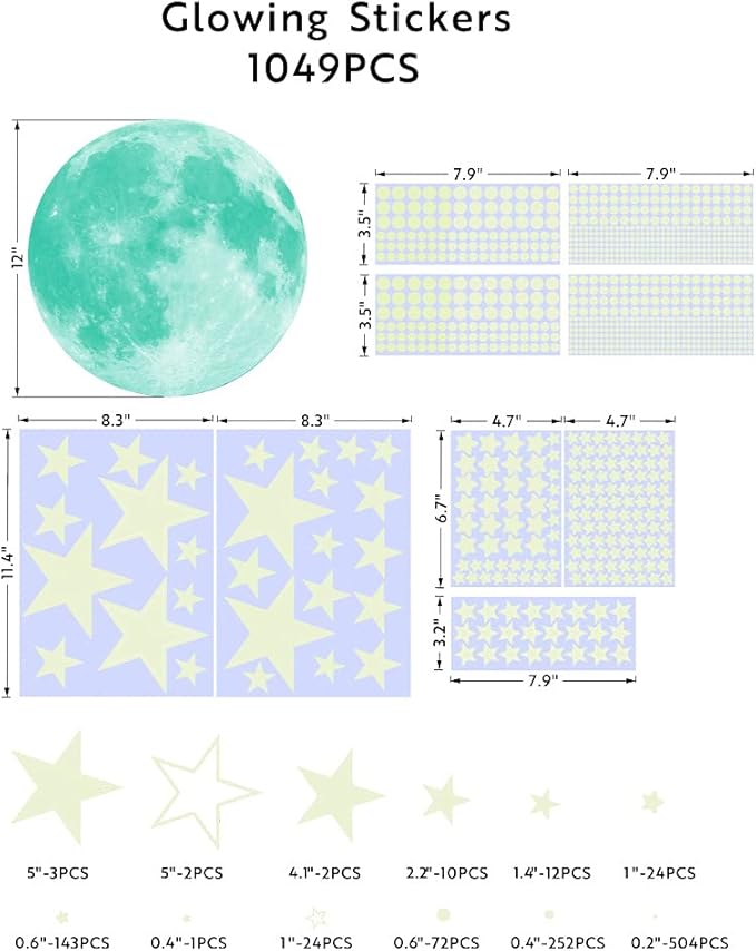 1049Pcs Glow in The Dark Stars and Moon for Ceiling, Wall Bedroom Chirldren's Room Stickers Decals Decor, Boys & Girls' Gifts-HomvellaHome