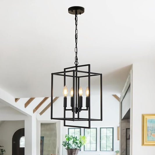 4-Light Vintage Black Chandelier, Foyer Lighting Fixtures Farmhouse Chandeliers for Dining Room, Modern Industrial Lantern Pendant Light for Kitchen Island Entryway Stairway