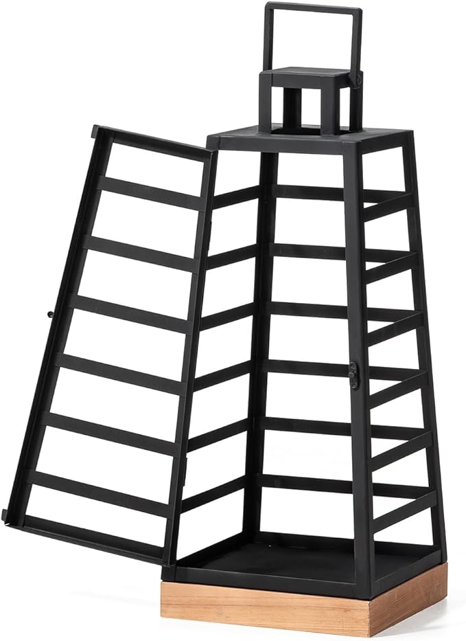 Glitzhome Set of 2 Modern Trapezoid Metal/Wood Decorative Lanterns,Large Candle Lanterns for Living Room,Home,Indoor, Outdoor,Table,Fireplace Mantle Decor -Black(No Glass)-HomvellaHome