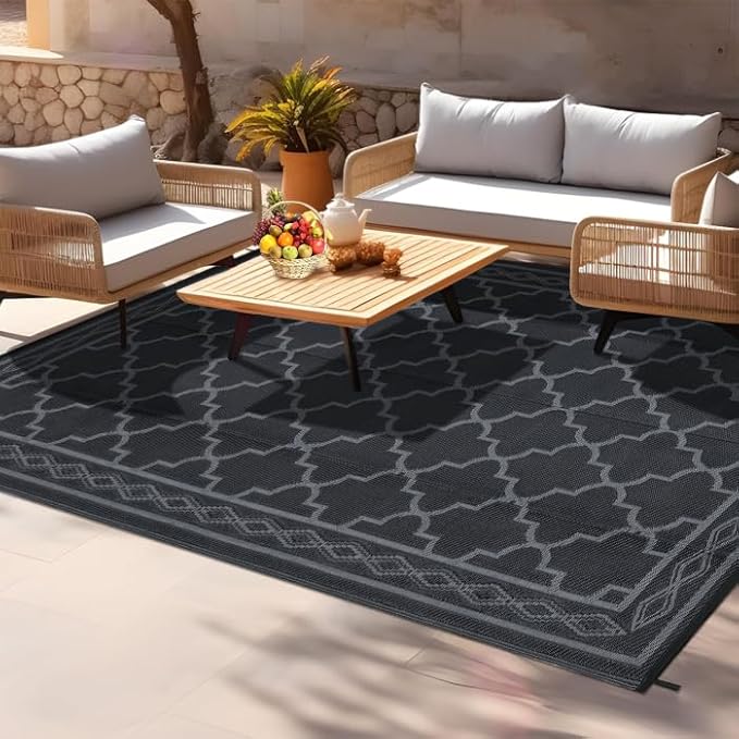 GAOMON Outdoor Rug Waterproof 8'x10', Reversible Outdoor Plastic Straw Rug, Boho Patio Rug, Indoor Outdoor Carpet, RV Mat Outside for Patio, Camp, Picnic, Balcony, Deck, Black/Grey(Geometric)-HomvellaHome