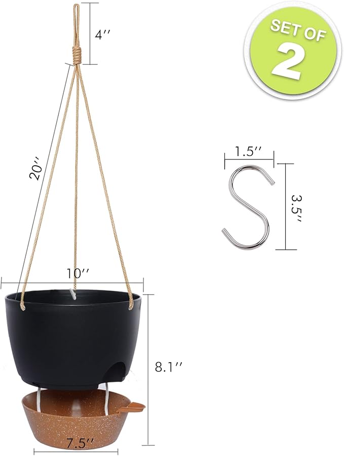10 Inch Self Watering Hanging Pots, 2 Pack Hanging Planters with 40oZ Deep Reservior for Indoor Outdoor Plants Flowers, Black with Brown-HomvellaHome