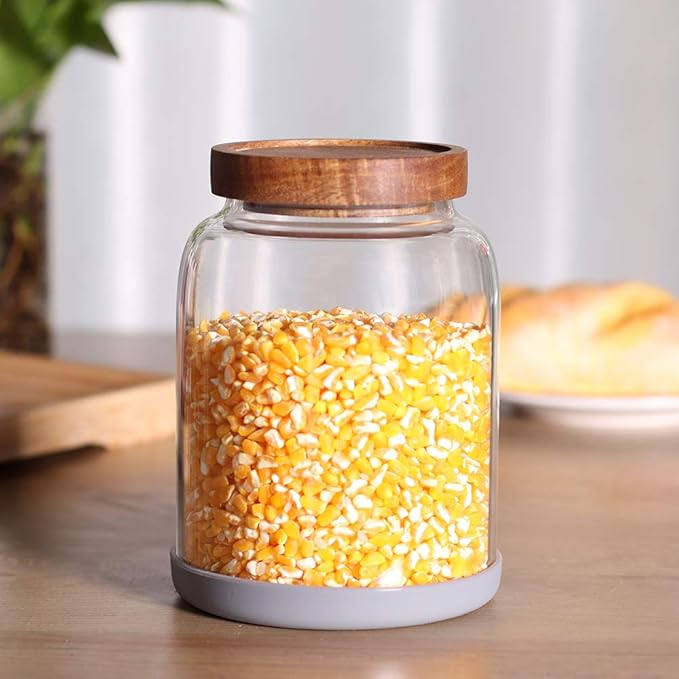 Glass Storage Jars with Airtight Lids, Set of 2 42 FL OZ (1250ml) coffee container with Wooden Lid, Glass Pantry Canister for Beans, Rice, Sugar and etc (6.3 inch high)-HomvellaHome