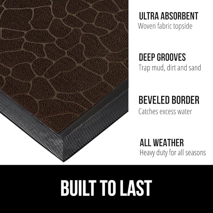 GORILLA GRIP 100% Waterproof All-Season WeatherMax Doormat, US Designed Natural Rubber, Stain and Fade Resistant, Low Profile Indoor Outdoor Door Mats, Easy Clean Patio Mat, 17x29, Dark Brown Pebble-HomvellaHome