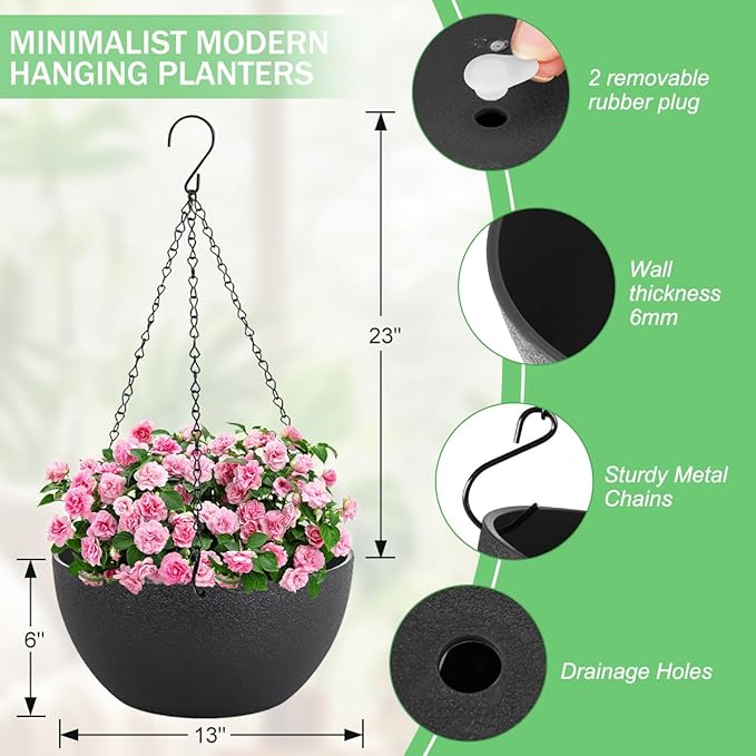 10 inch Hanging Planters for Indoor Plants, 2 Pack Planters for Outdoor Plants with Drainage Holes and Chain, Round Plastic Hanging Baskets, Hanging Flower Pots for Balcony Garden Decor-Black-HomvellaHome