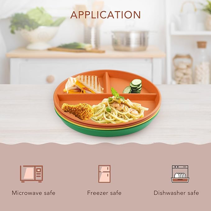 greenandlife 9 Inch 4PCS Unbreakable Portion Control Plates, Divided Plates for Kids Adults, Dishwasher & Microwave Safe Compartment Plate, Lightweight Reusable Wheat Straw Plate, BPA Free-HomvellaHome