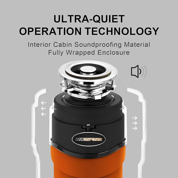 Garbage Disposal 1 HP Ultra Quiet Intelligent Auto-Reverse Function Continuous Feed Food Waste Disposer with Power Cord Easy install, AC Motor Stainless Steel Grind 1 Horsepower (MAX-6)-HomvellaHome