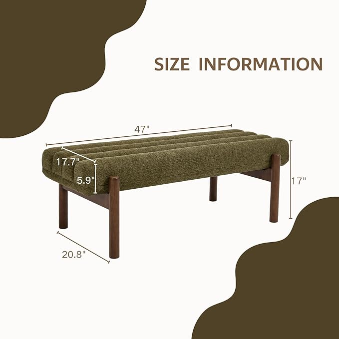 Green Upholstered Bench Modern End of Bed Bench Chenille Fabric Bedroom Bench for Entryway Living Room Vanity Makeup Room, 47" Long, Wooden Legs-HomvellaHome