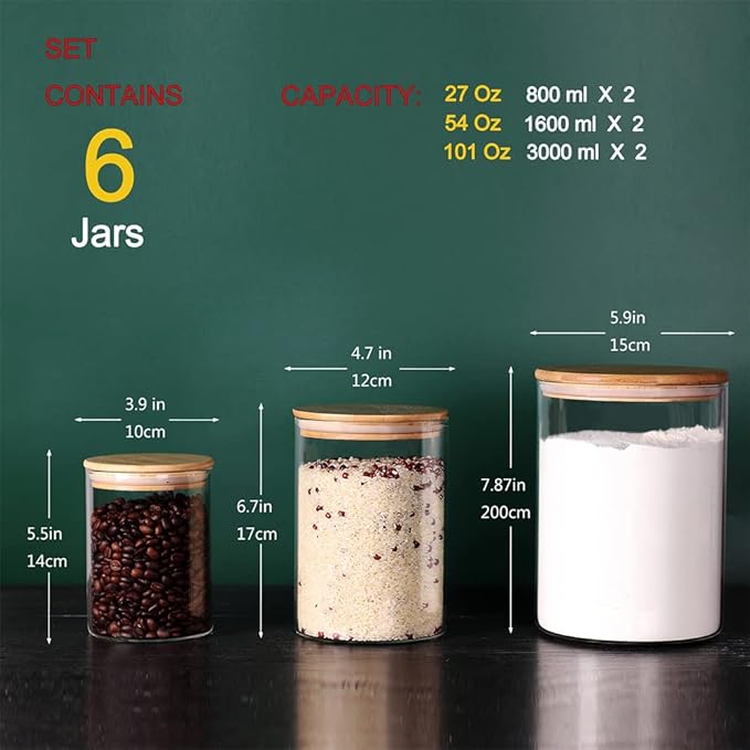 Glass flour Jars with Airtight Lids, 6 Pack Sugar and Flour Salt Containers Set, Extra Large Glass Rice Jar with Bamboo lid for Kitchen, Brown Suger, Beans, Groub Coffee (100OZ/54OZ/27OZ)-HomvellaHome