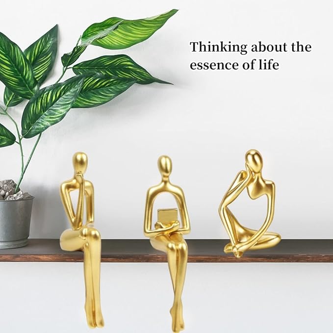 Gold Home Decor Thinker Statue Accents, Set of 3 Thinker Sculptures Office Decor Modern Abstract Resin Decoration on Shelf Table Desk for Living Room Office Bedroom (Large Gold)-HomvellaHome