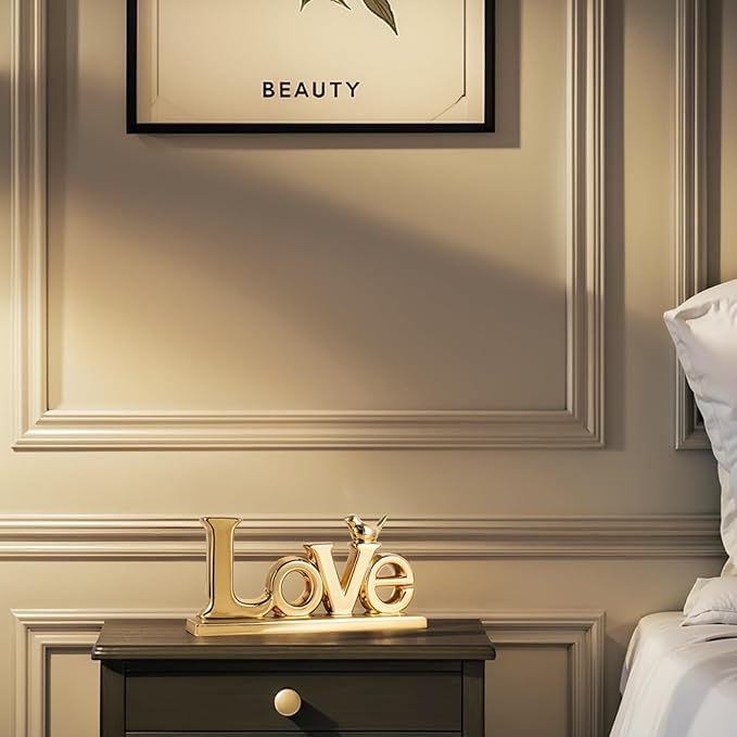 Gold Love Sign Statue - Personalized Home Decor, Bird Sculpture for Living Room, Bedroom, Desktop & Cabinets-HomvellaHome