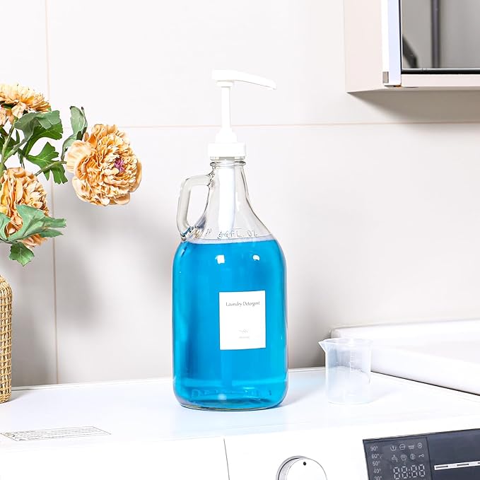 Glass Laundry Detergent Dispenser with Pump, 64OZ Liquid Laundry Soap Dispenser, Fabric Softener Dispenser Bottle for Laundry Room Organization and Storage, 1 Pack-HomvellaHome