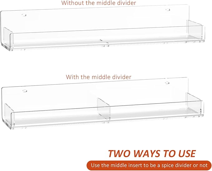 15 Inch Acrylic Spice Rack Wall Organizer Set of 3, Clear Acrylic Wall Shelf for Home Organizer, Floating Shelf for Bottle Display, Jars, Spice, Wine, Books, Toiletries-HomvellaHome