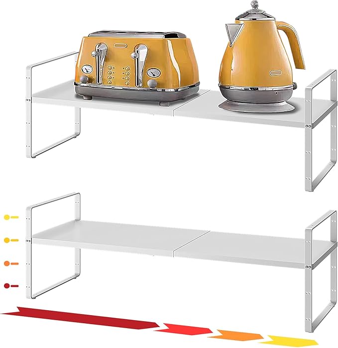 16.5~27.1" Expandable Shelf Organizer, 2Pack 8.1" Wide Stackable Cabinet Shelf Organizers, White Metal Sturdy Kitchen Counter Storage for Countertop, Adjustable Height Spice Rack-HomvellaHome