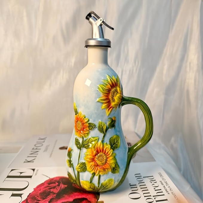 18 Oz Hand Painted Relief Ceramic Olive Oil Bottle Dispenser for Kitchen, Oil and Vinegar Bottle, Seasoning Bottle with Stainless Steel Nozzle, 540mL Oil Container with Handle for Cooking, Light Proof-HomvellaHome