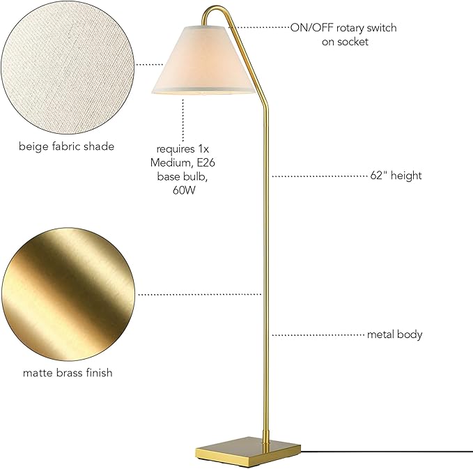 GLOBE Electric 61000147 62" Floor Lamp, Matte Brass, Beige Fabric Shade, On/Off Rotary Switch on Socket, 6-Foot Clear Cord, Reading Light, Bedroom, Living Room, Home Decor-HomvellaHome