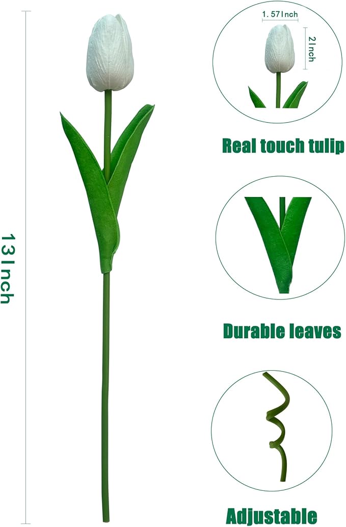 15pcs White Tulips PU Artificial Flowers Real Touch Fake Tulips for Spring Easter Home Kitchen Wedding Bouquet Bulk Mother's Gift Day Decorations-HomvellaHome
