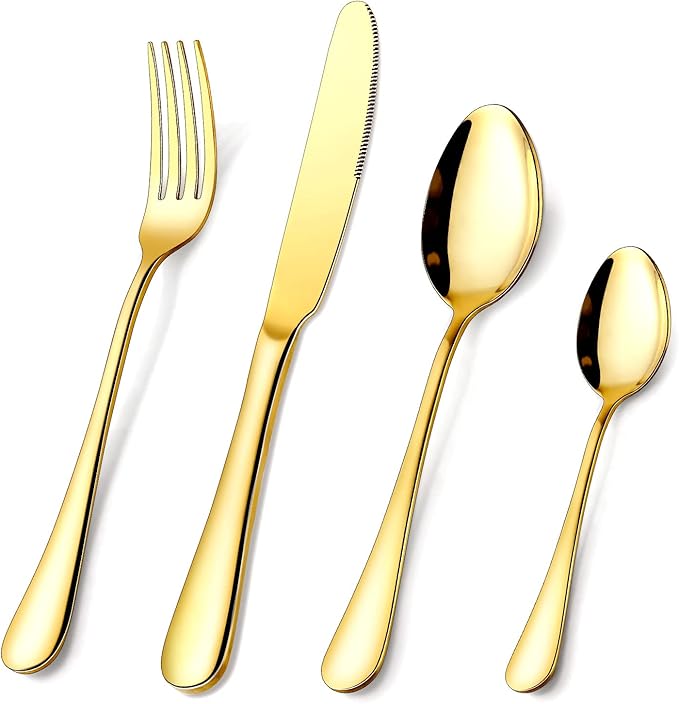Gold Silverware Set, OGORI 24-Piece Food Grade Stainless Steel Gold Flatware Set, Kitchen Utensil Set Service for 6, Mirror Polished Tableware Cutlery Set for Home and Restaurant, Dishwasher Safe-HomvellaHome
