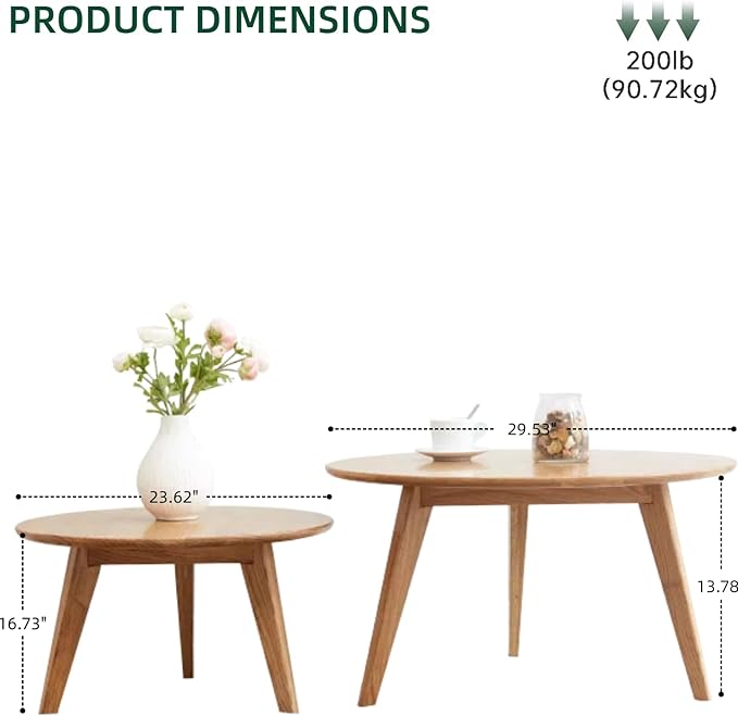 100% Solid Oak Wood Coffee Table Set, Round Coffee Table Combo Side Table w/Solid Wood Legs, Mid Century Table Sturdy Tables for Bedroom Balcony Living Room (Natural, Big-Medium Combo)-HomvellaHome