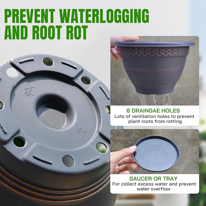 10 Inch 4 Pack Large Plant Pots, Plastic Flower Pot for Indoor & Outdoor with Drainage Holes & Saucer, Plaid Pattern Planters Garden Pots for Herbs-HomvellaHome